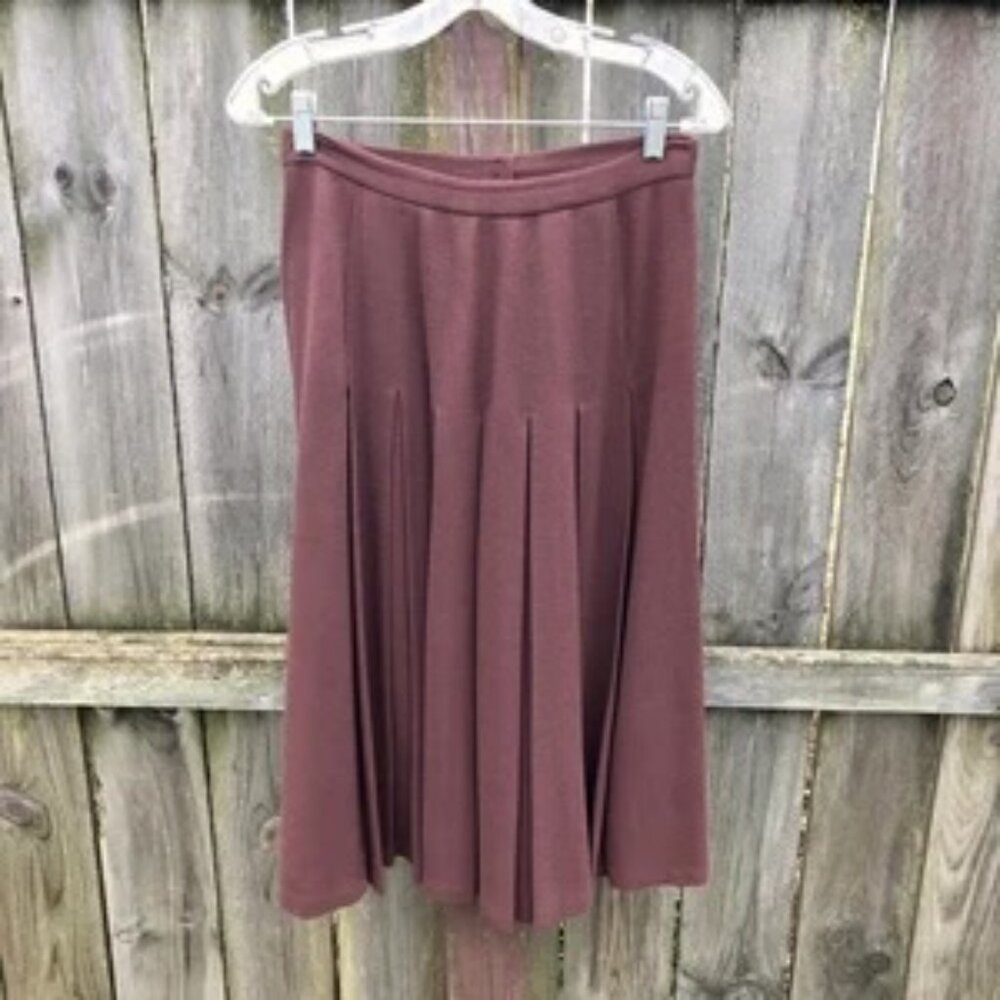 Vintage 60s Designer Brown Box Pleats Midi Calf A-Line Lined Zip Skirt 6 8 M